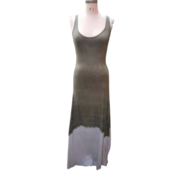 Maxi tank tube fitted slip lace up back dress in olive green w dip tie dye hem - Picture 1 of 12